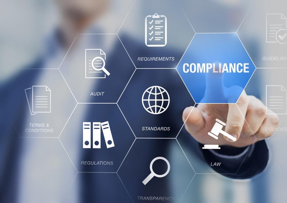 Compliance concept with audit, regulations, law, and transparency icons