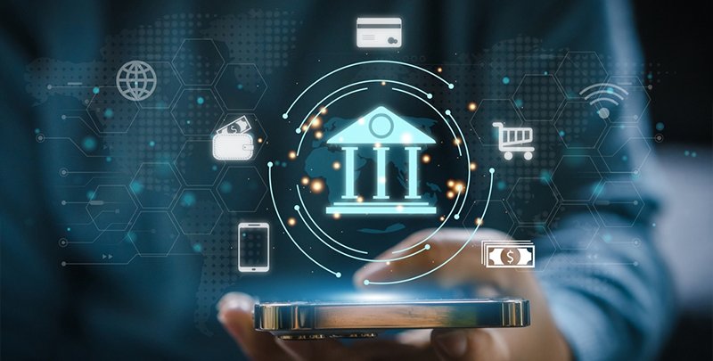 Digital banking technology with mobile payments and financial icons